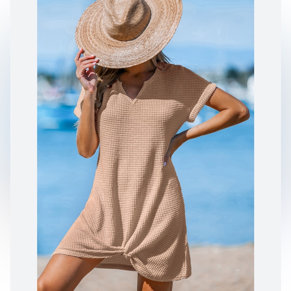Cupshe Tan Ribbed Tie Front Short Sleeve Swim Coverup